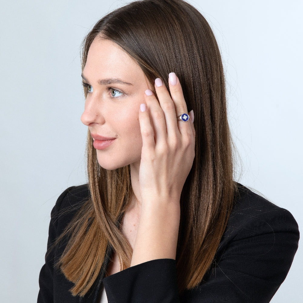 Jerusalem Cross Ring in 925 Sterling Silver with Blue Enamel and Pave Zircon Stones