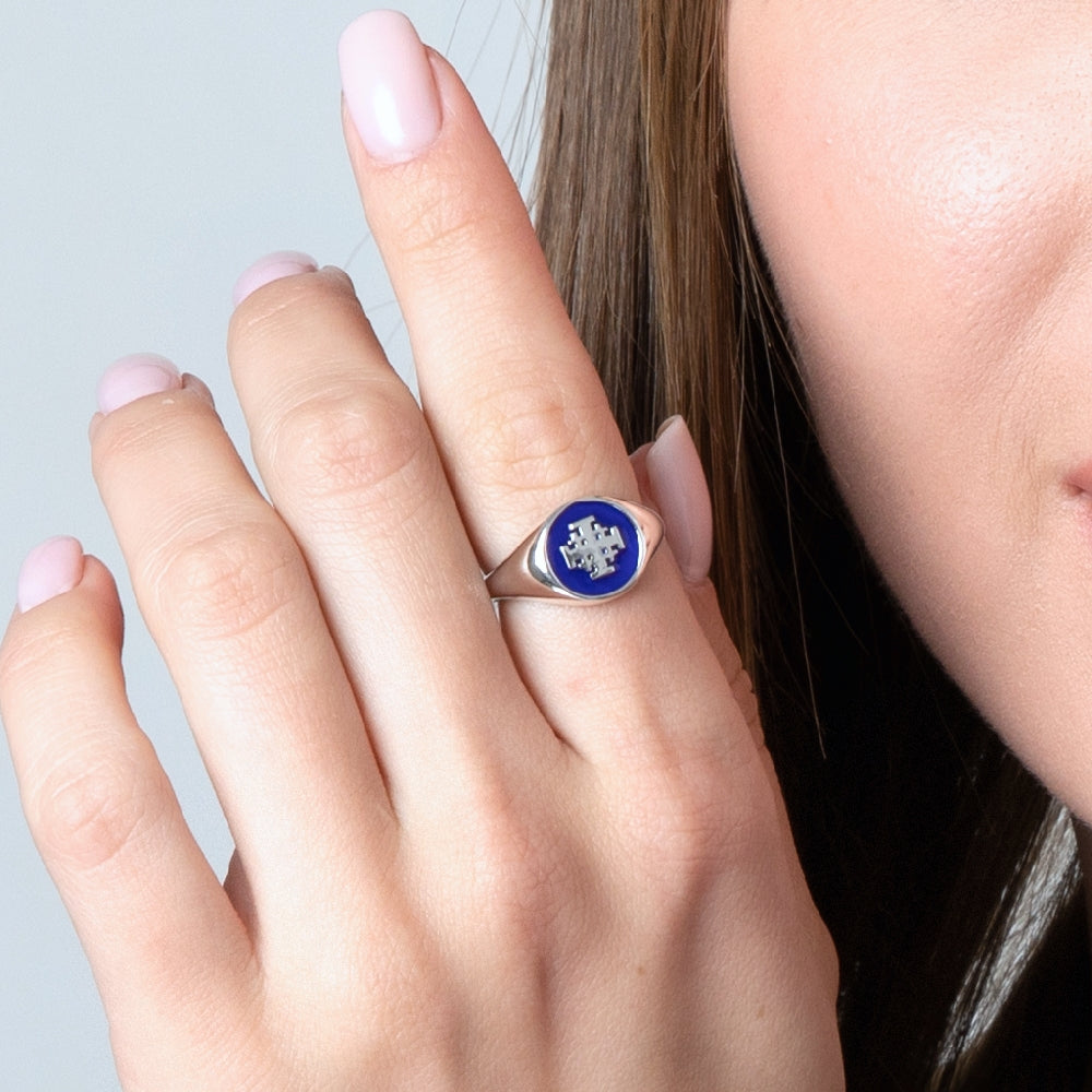 Jerusalem Cross Ring in 925 Sterling Silver with Blue Enamel and Pave Zircon Stones