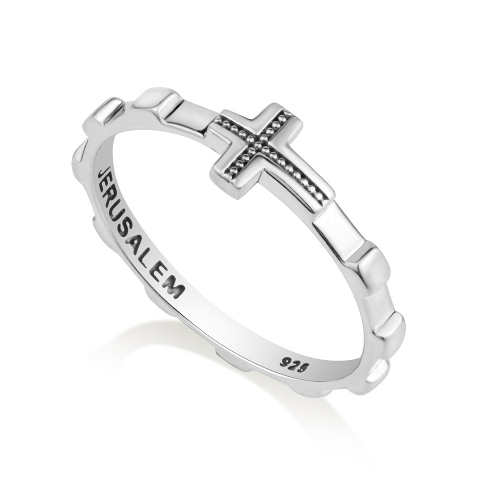 Jerusalem textured cross rosary band ring in 925 sterling silver by Marina Jewelry