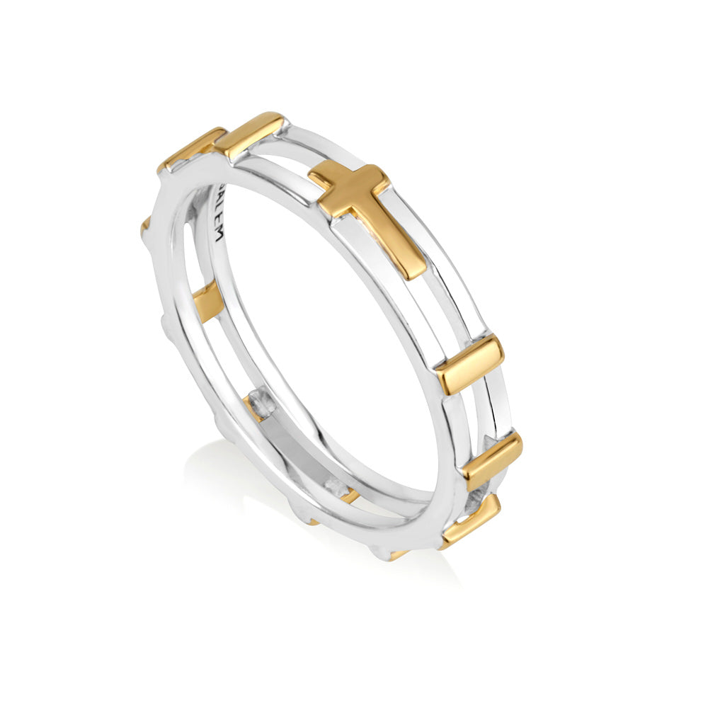 Two-tone gold-plated cross rosary band ring in 925 sterling silver by Marina Jewelry