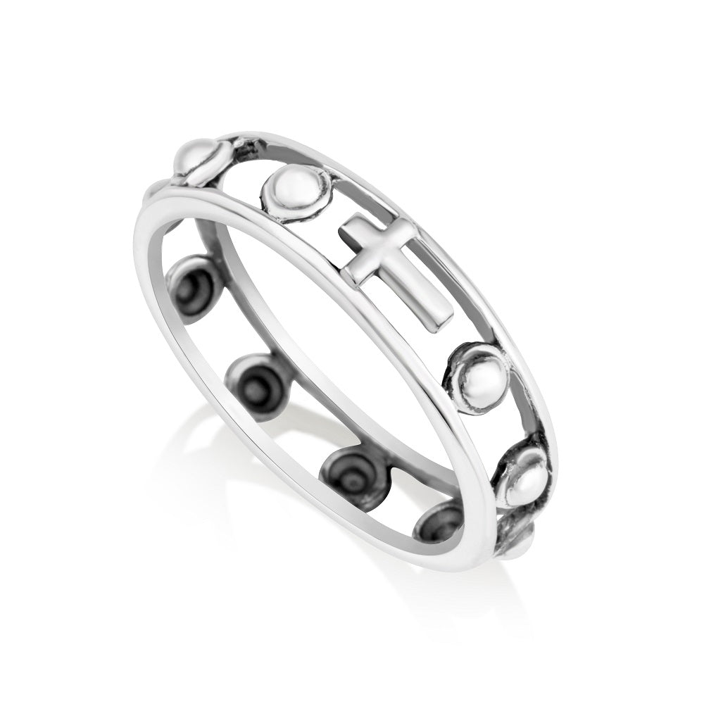 Open-frame cross rosary band ring in 925 sterling silver by Marina Jewelry