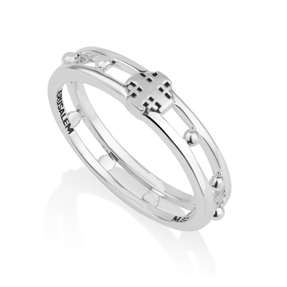 Jerusalem Cross rosary ring with ten beads on a double sterling silver band by Marina Jewelry
