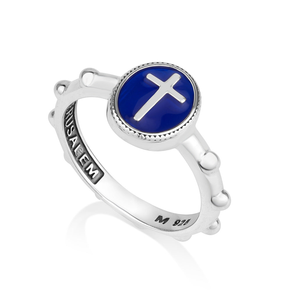 Blue enamel cross rosary band ring in 925 sterling silver by Marina Jewelry