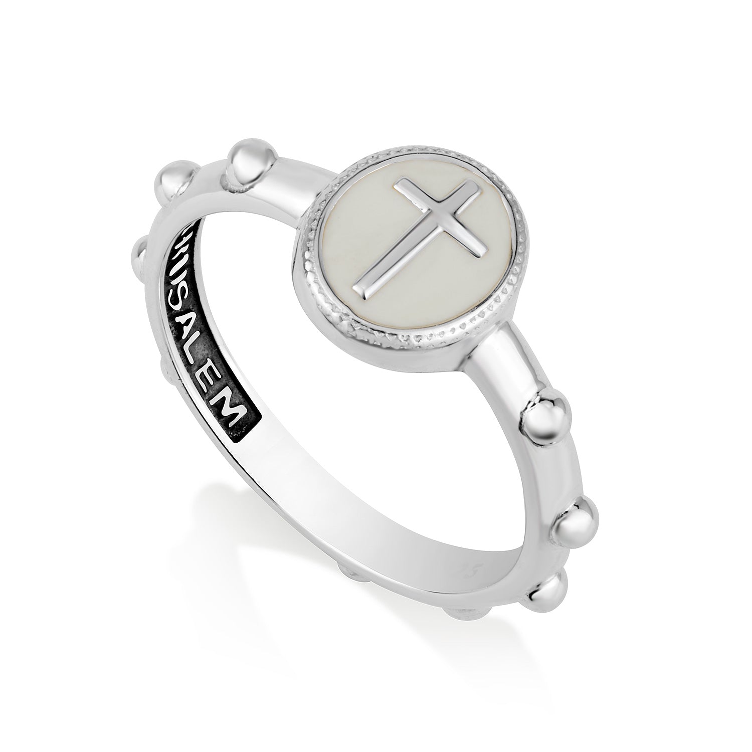 Mother of pearl cross rosary band ring in 925 sterling silver by Marina Jewelry