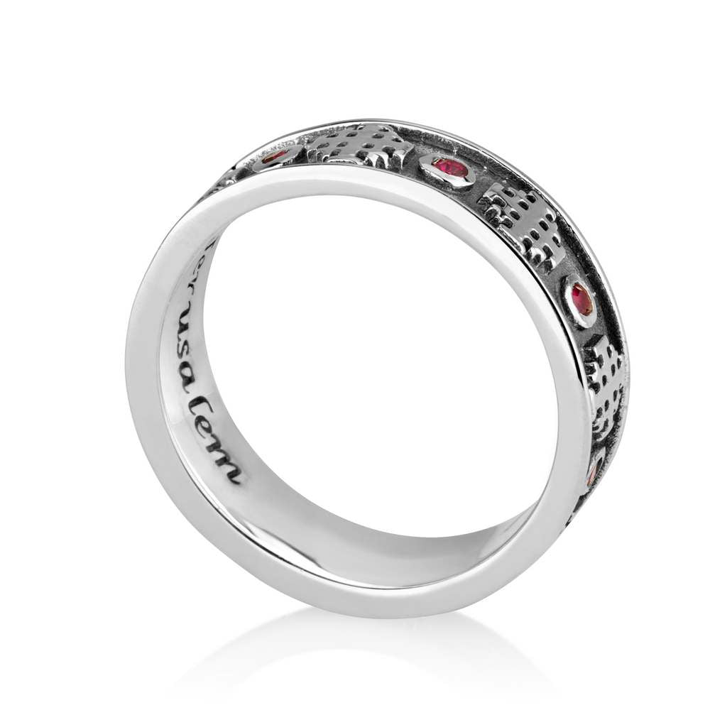 Jerusalem Cross Ring in 925 Sterling Silver with Ruby Stones, Oxidized