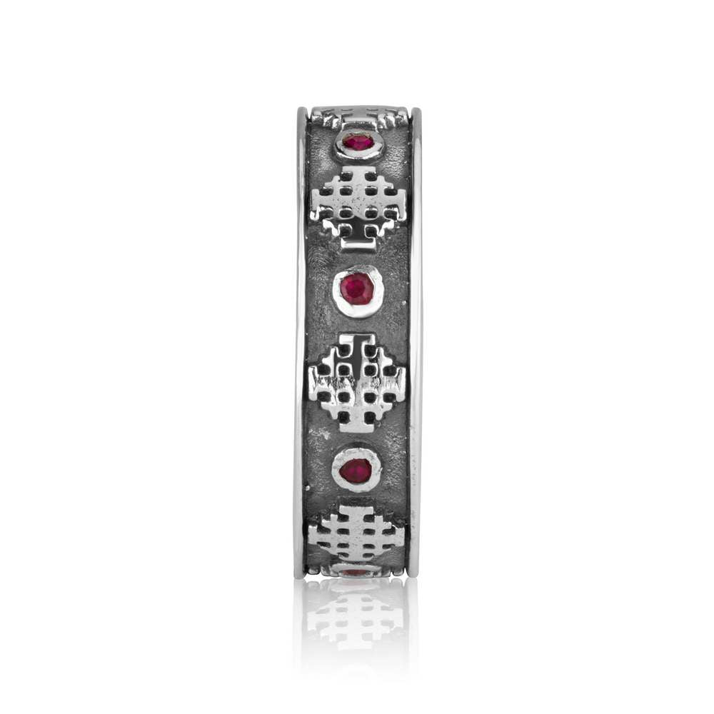 Jerusalem Cross Ring in 925 Sterling Silver with Ruby Stones, Oxidized