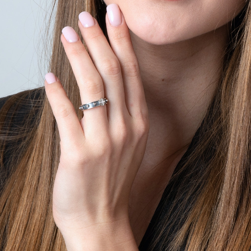 Jerusalem Cross decade rosary ring worn on the finger, close-up