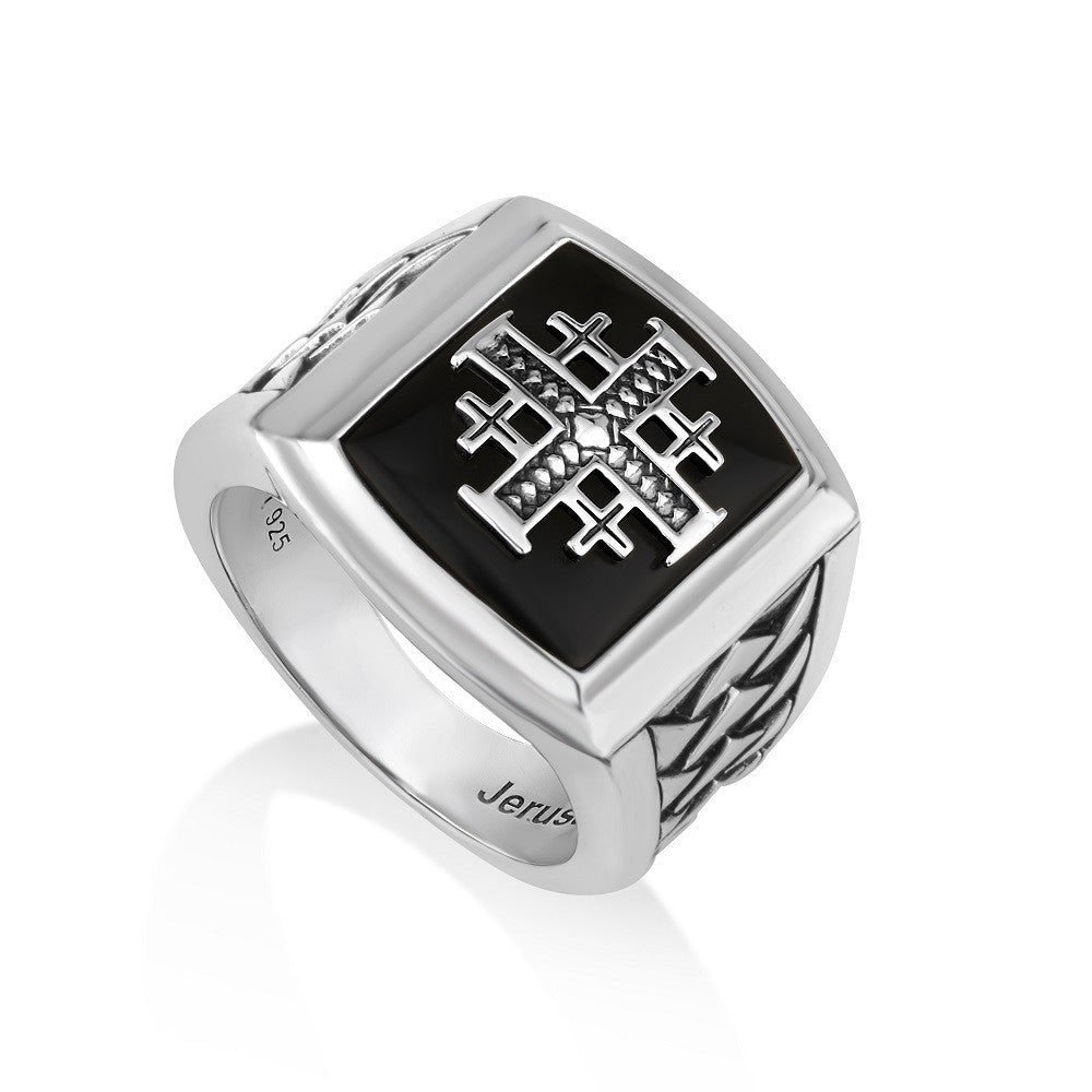 Men's black onyx signet ring with beaded Jerusalem Cross by Marina Jewelry
