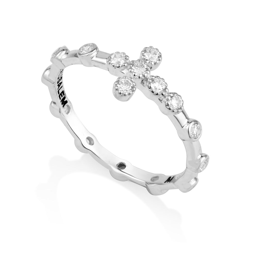 Zircon cross rosary eternity band ring in 925 sterling silver by Marina Jewelry
