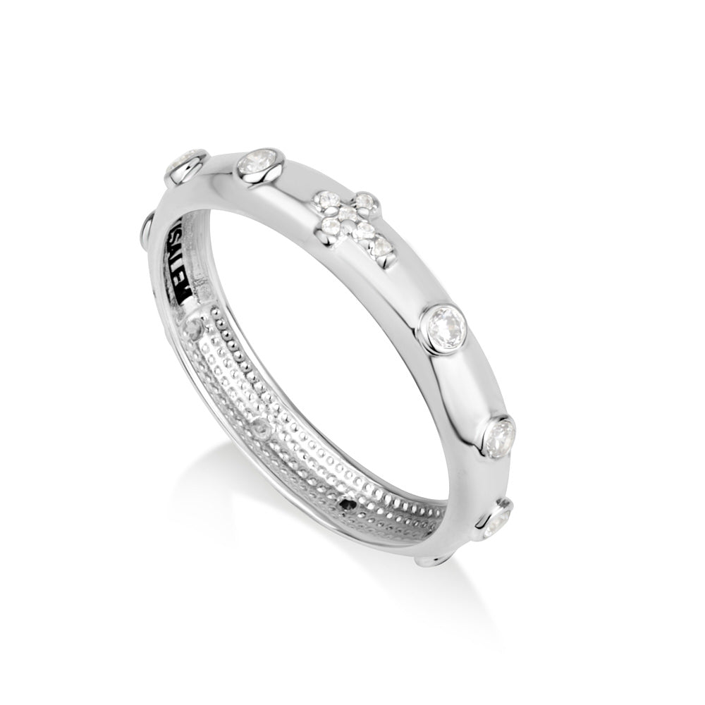 Zircon bezel-stone cross rosary band ring in 925 sterling silver by Marina Jewelry