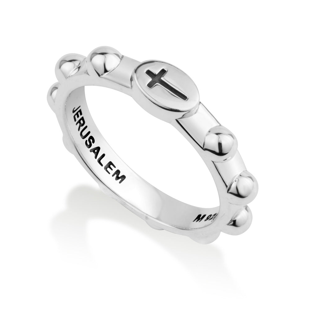 Jerusalem disc cross rosary band ring in 925 sterling silver by Marina Jewelry