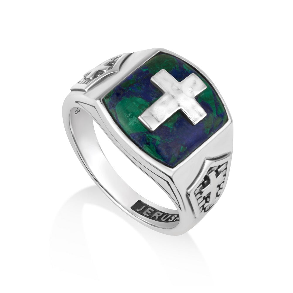 Men's hammered Eilat Stone cross signet ring in 925 sterling silver by Marina Jewelry