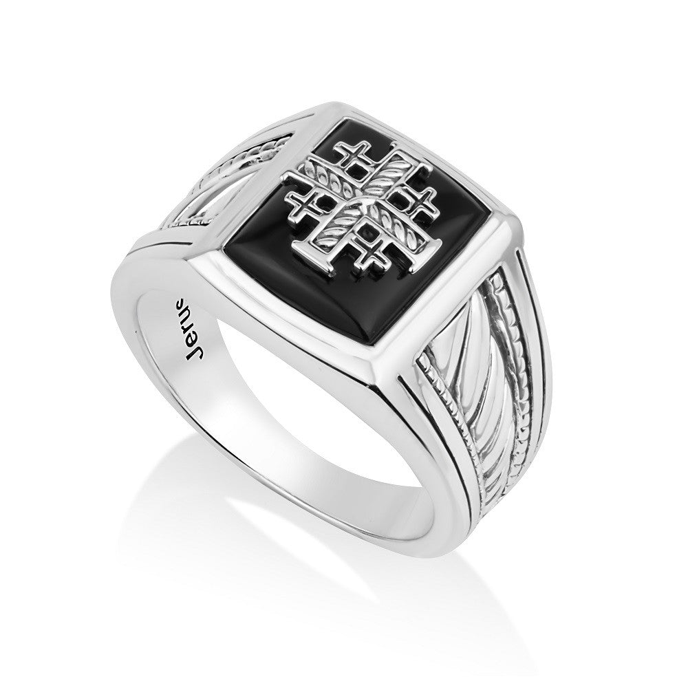 Men's black onyx Jerusalem Cross signet ring with braided shoulders by Marina Jewelry