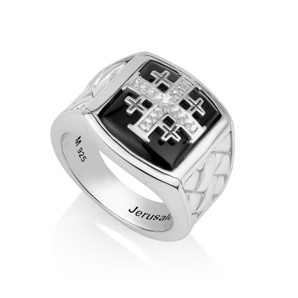 Men's black onyx Jerusalem Cross signet ring with lattice shoulders by Marina Jewelry