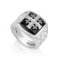 Men's black onyx Jerusalem Cross signet ring with lattice shoulders by Marina Jewelry