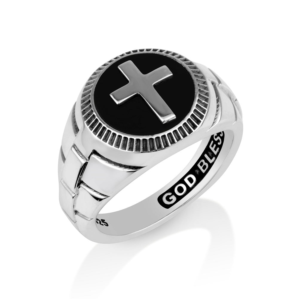 Onyx cross signet ring in 925 sterling silver by Marina Jewelry