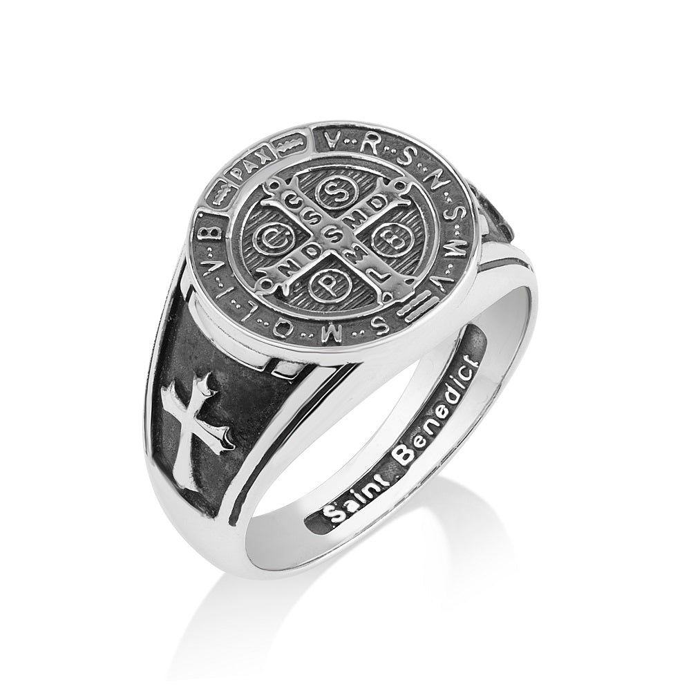 Saint Benedict signet ring in 925 sterling silver by Marina Jewelry