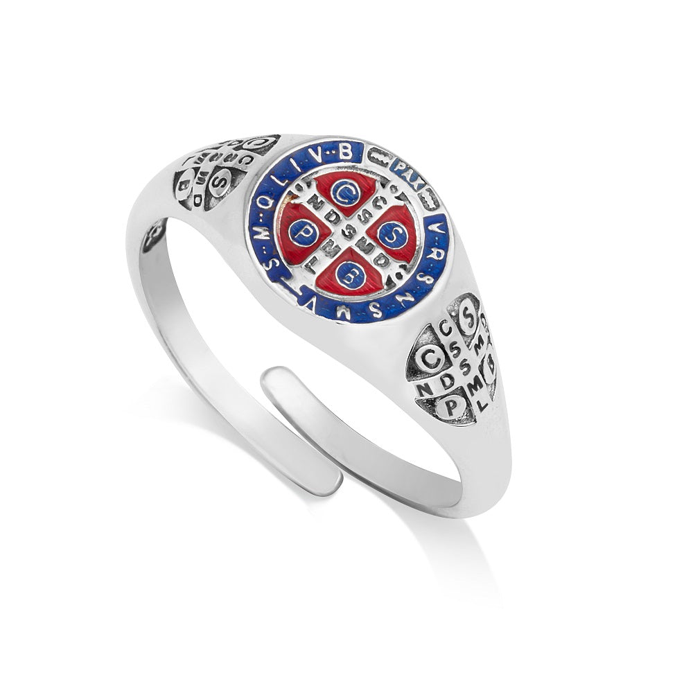 Adjustable Saint Benedict blue and red enamel ring in 925 sterling silver by Marina Jewelry