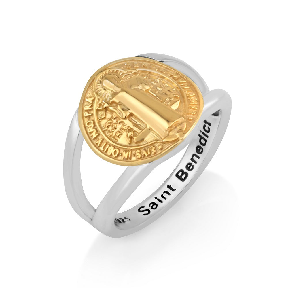 Saint Benedict gold-plated medal split-band ring in 925 sterling silver by Marina Jewelry