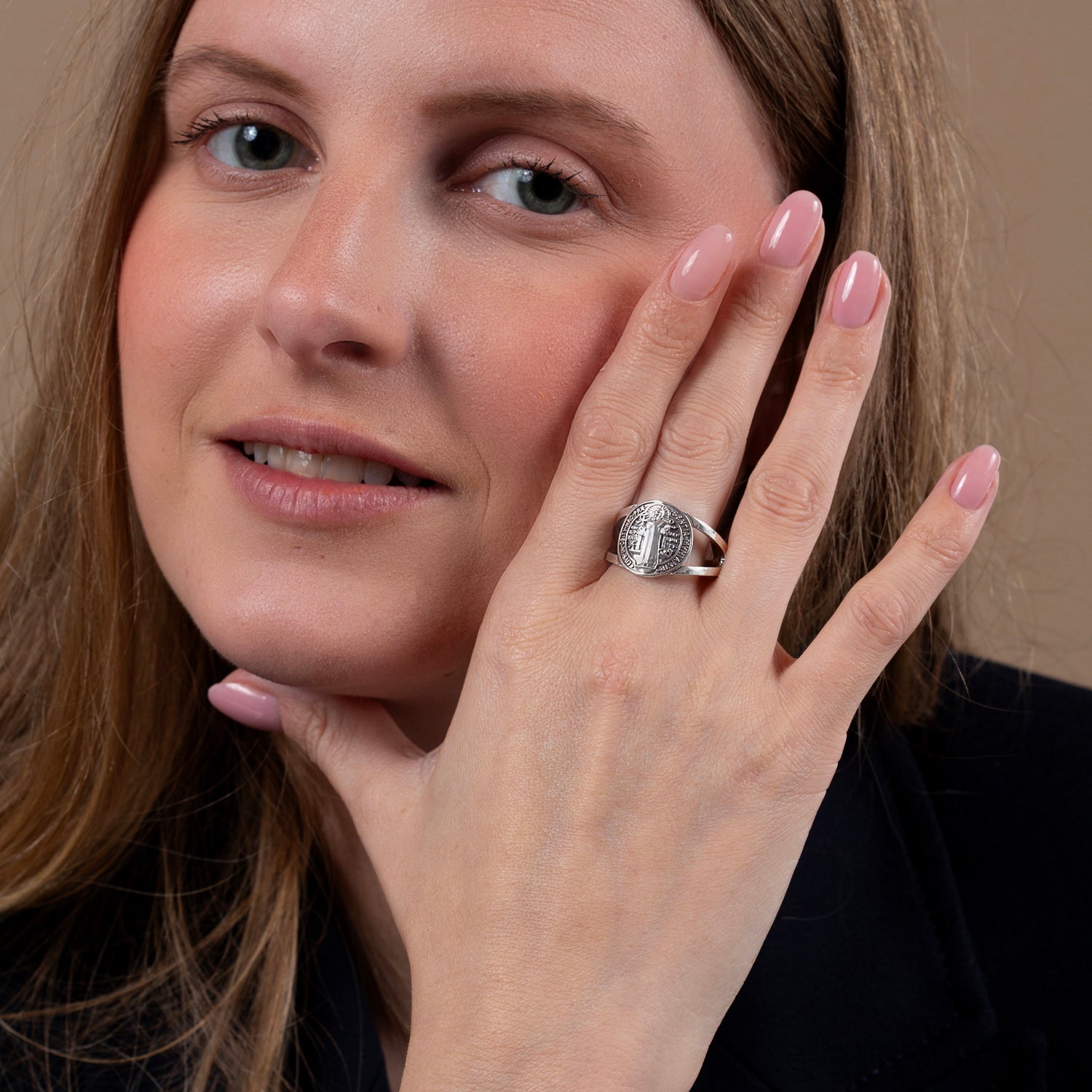 Saint Benedict medal split-band ring in 925 sterling silver by Marina Jewelry