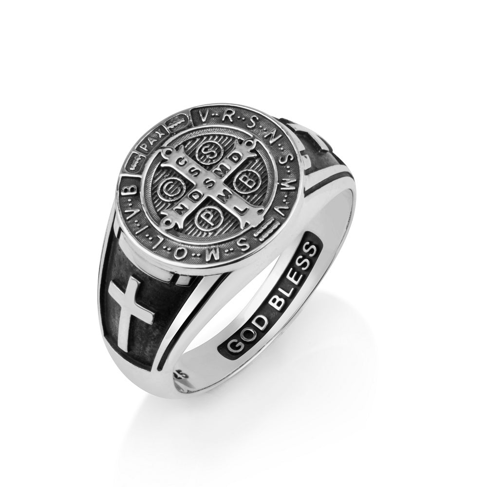 Saint Benedict signet ring in 925 sterling silver by Marina Jewelry