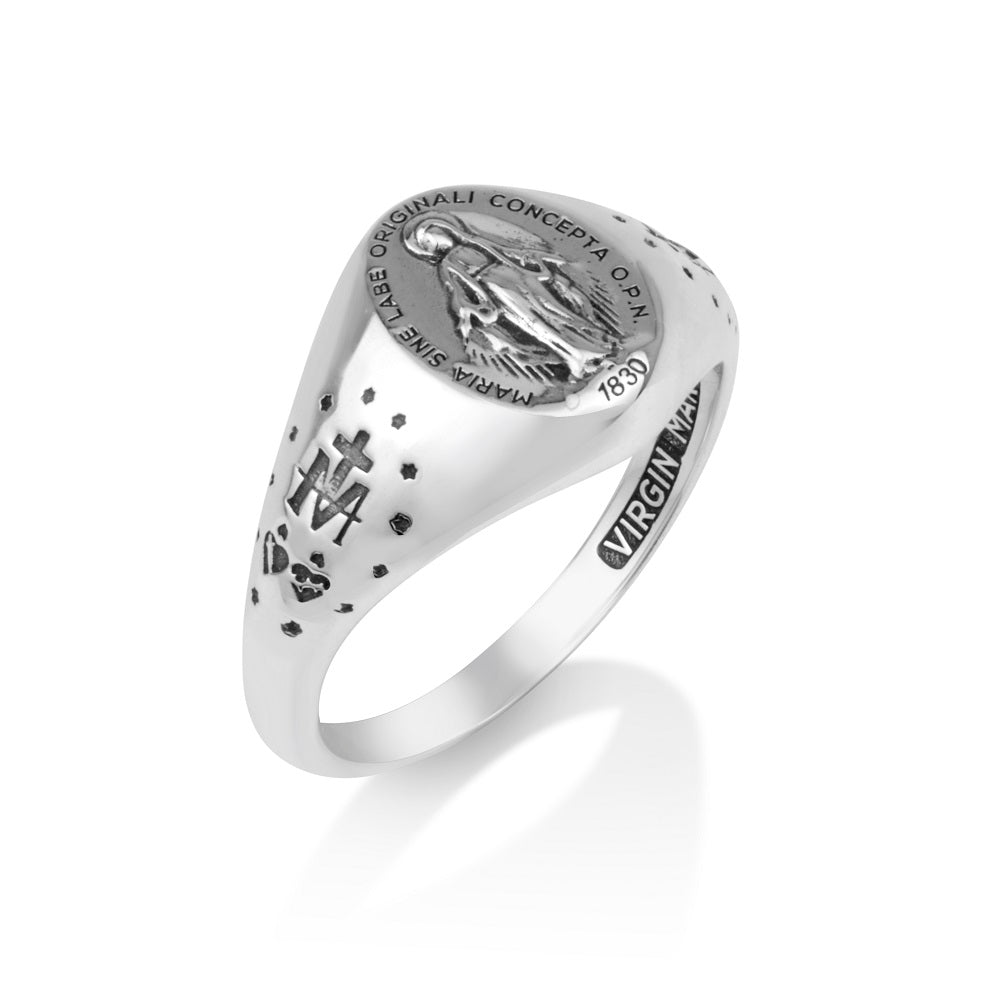 Miraculous Medal signet ring in 925 sterling silver by Marina Jewelry