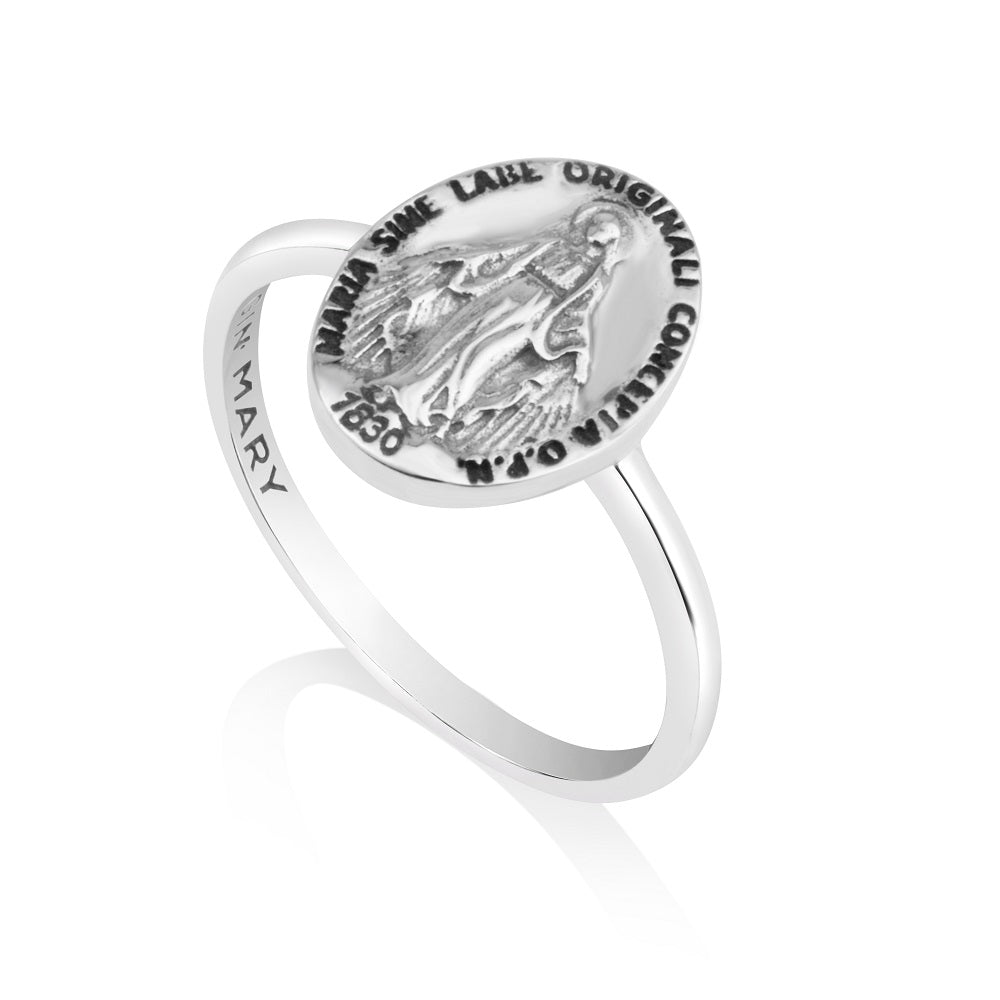 Slim Miraculous Medal ring in 925 sterling silver by Marina Jewelry