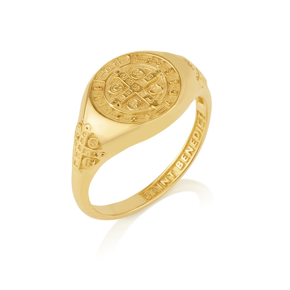 Saint Benedict gold-plated oval signet ring in 925 sterling silver by Marina Jewelry