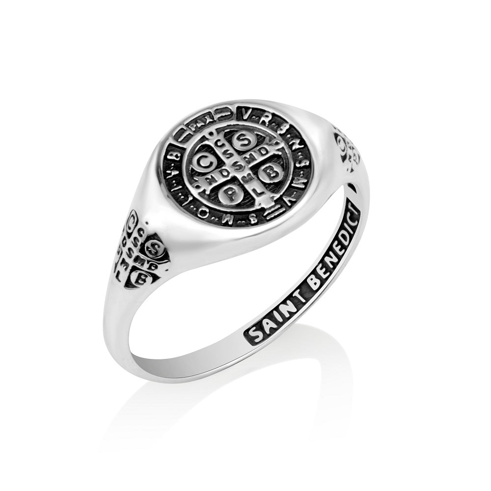 Saint Benedict oval signet ring in 925 sterling silver by Marina Jewelry