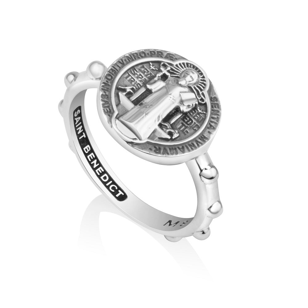 Saint Benedict medal rosary band ring in 925 sterling silver by Marina Jewelry