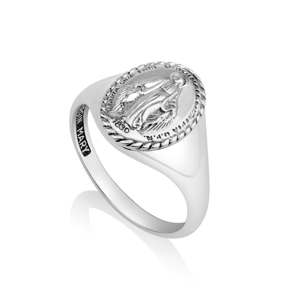 Miraculous Medal rope-border signet ring in 925 sterling silver by Marina Jewelry