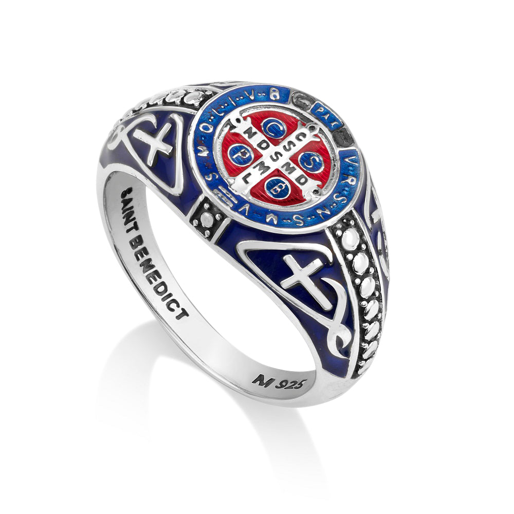 Saint Benedict wide blue and red enamel dome ring in 925 sterling silver by Marina Jewelry