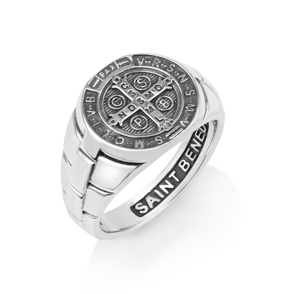 Saint Benedict wide signet ring in 925 sterling silver by Marina Jewelry