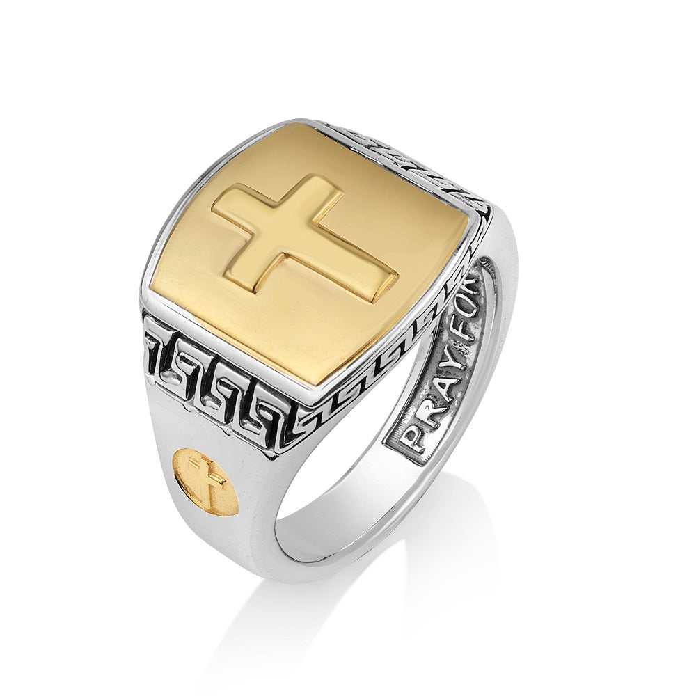 Men's gold-plated cross signet ring in 925 sterling silver by Marina Jewelry