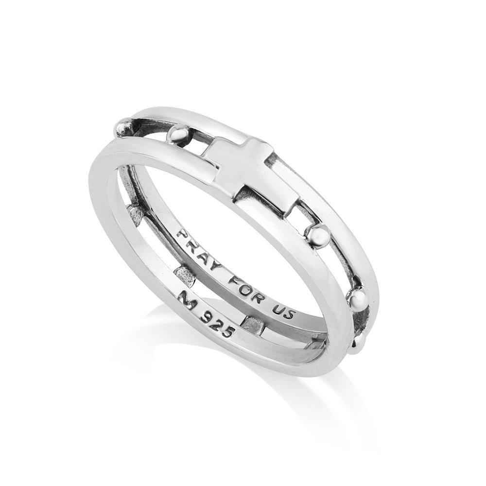Cross rosary double band ring in 925 sterling silver by Marina Jewelry