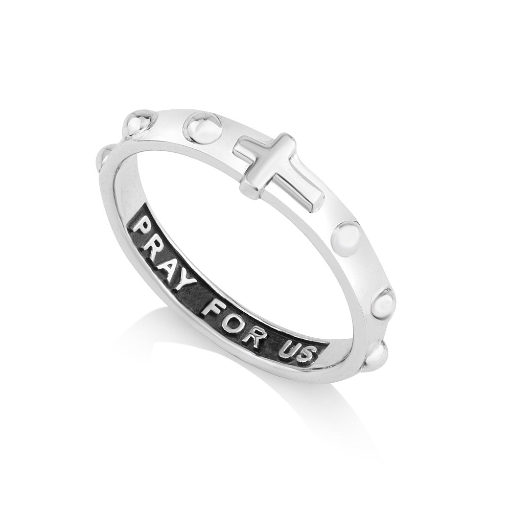 Open-frame oxidized rosary cross band ring in 925 sterling silver by Marina Jewelry