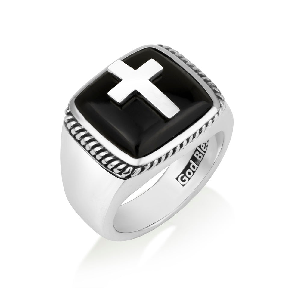 Men's polished onyx cross signet ring in 925 sterling silver by Marina Jewelry