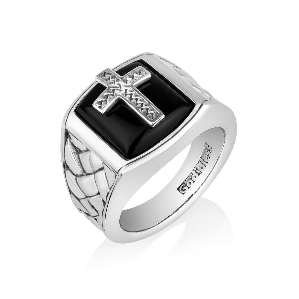 Men's diamond-cut onyx cross signet ring in 925 sterling silver by Marina Jewelry