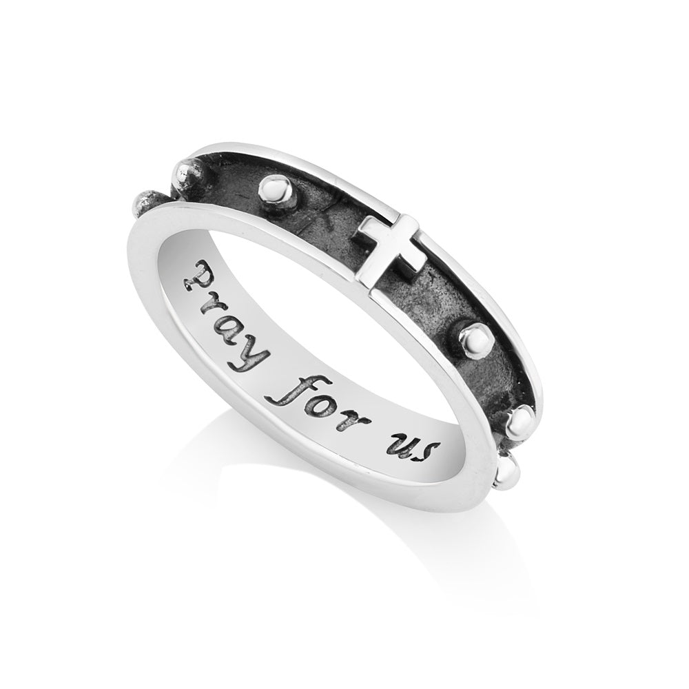 Oxidized rosary cross band ring in 925 sterling silver by Marina Jewelry