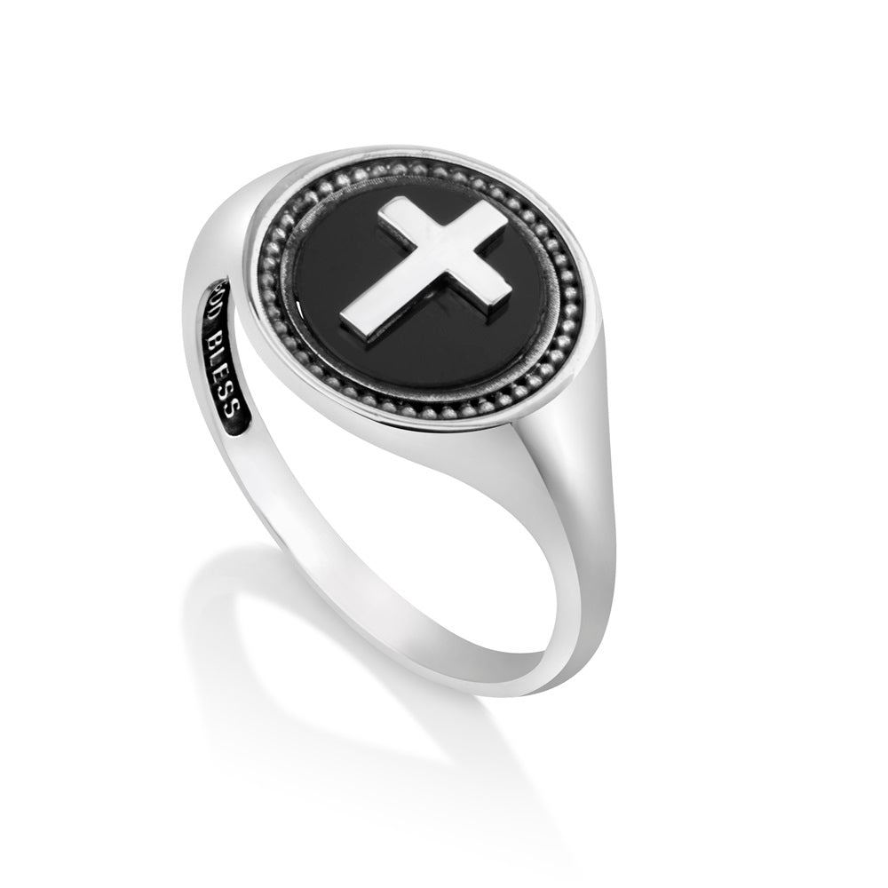 Men's oval onyx cross signet ring with milgrain border in 925 sterling silver, by Marina Jewelry