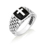 Men's onyx cross signet ring with watch-link band in 925 sterling silver, by Marina Jewelry
