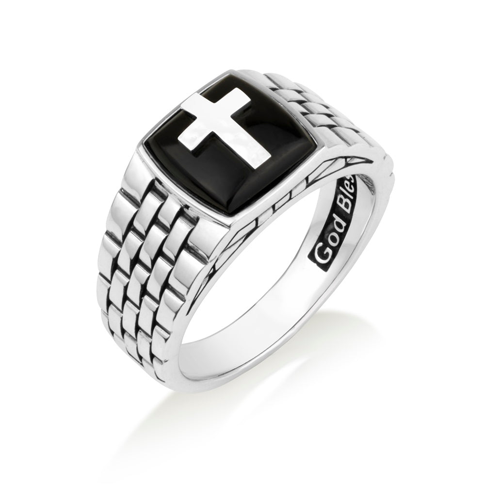 Men's onyx cross signet ring with watch-link band in 925 sterling silver, by Marina Jewelry