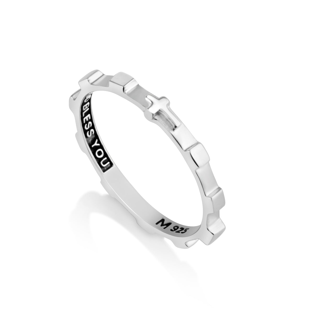 Cross and bead rosary band ring in 925 sterling silver, slim design, by Marina Jewelry