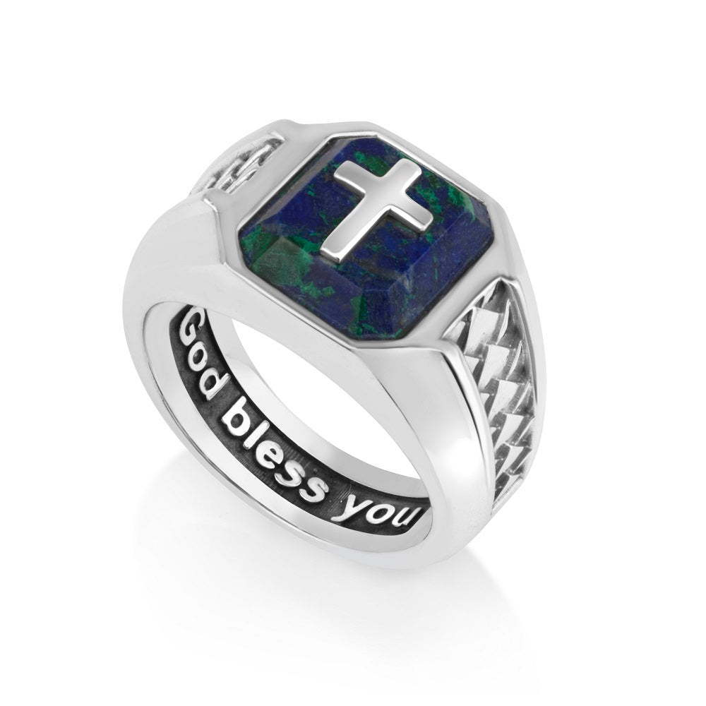 Men's Eilat Stone cross signet ring in oxidized 925 sterling silver, by Marina Jewelry
