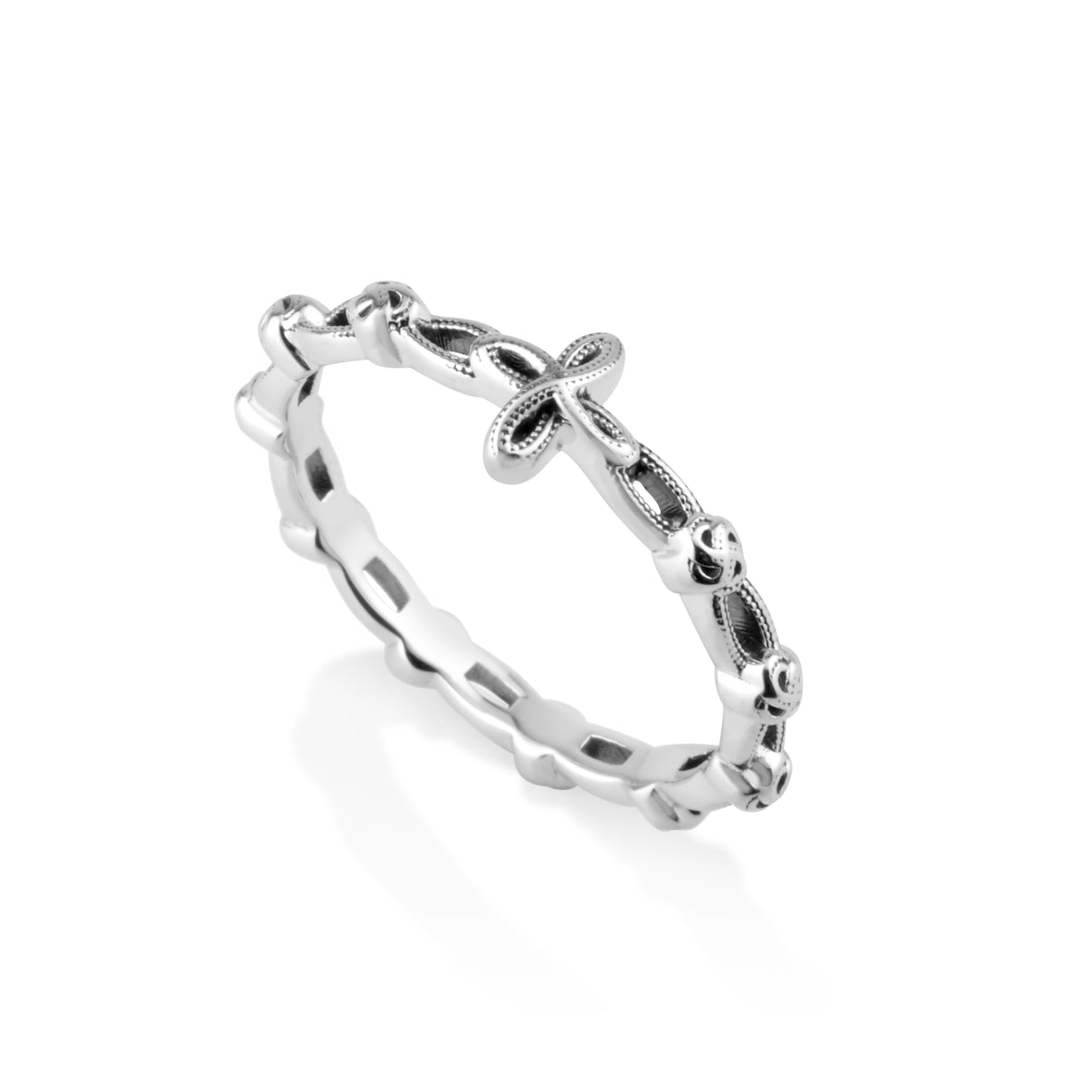 Cross and filigree rosary band ring in 925 sterling silver by Marina Jewelry