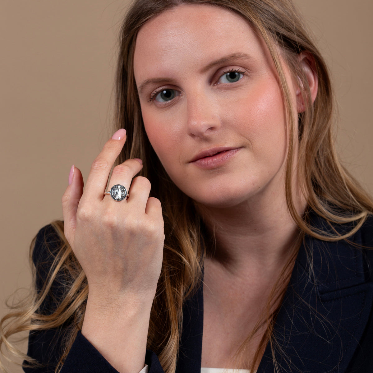 Saint Benedict Medal ring in 925 sterling silver by Marina Jewelry