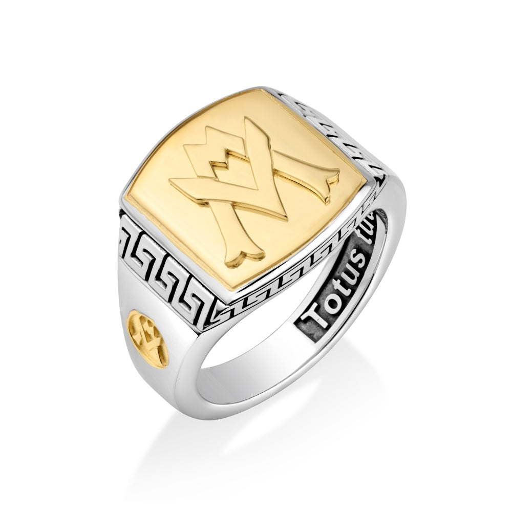 Men's Totus Tuus Marian two-tone signet ring in 925 sterling silver and gold, by Marina Jewelry