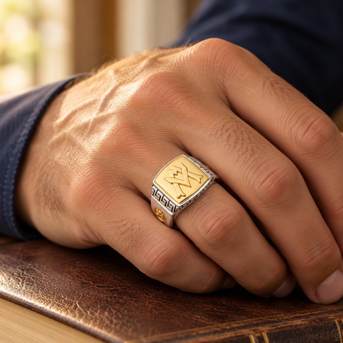 Men's Totus Tuus Marian Signet Ring in 925 Sterling Silver, Two-Tone