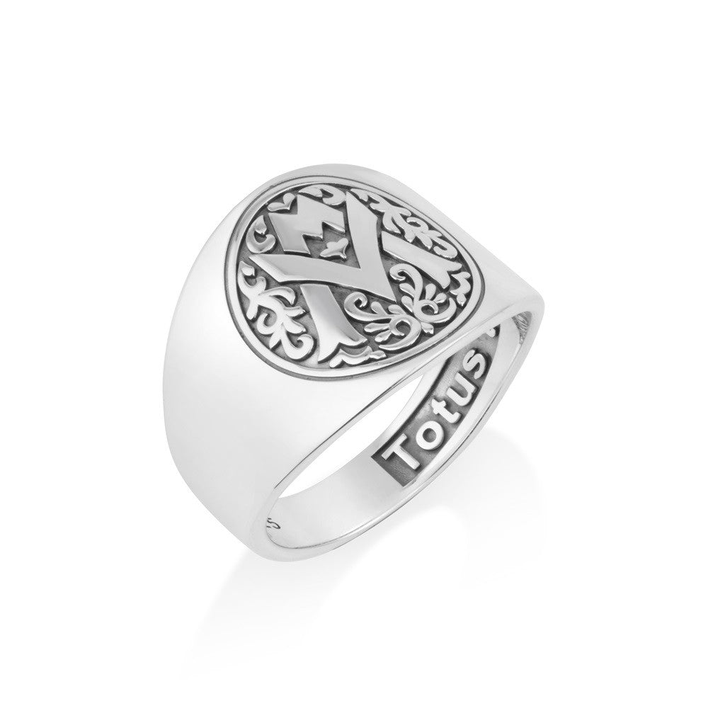 Sterling silver Totus Tuus Marian signet ring with lilies by Marina Jewelry