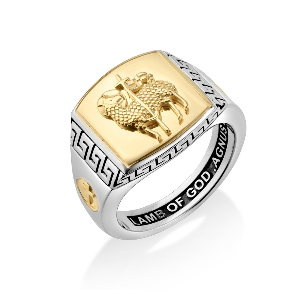 Men's Agnus Dei Lamb of God two-tone signet ring in 925 sterling silver and gold, by Marina Jewelry